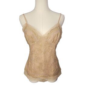 BCBG Max Azria Metallic Gold Lace Mesh Camisole Top Size M Side Zip Adjustable